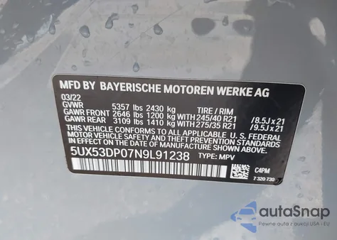 2022 BMW X3 xDrive30I z USA, uszkodzony, nr VIN 5UX53DP07N9L91238